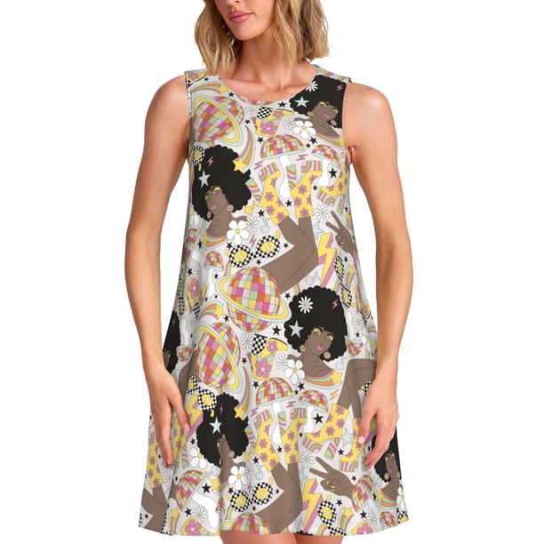 Disketp Groovy Disco para Vestido sin Mangas para Mujeres, Vestidos de Verano para Mujeres, Casual y Holgado para la Playa
