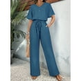 thumbnail image 5 of Womens V Neck Two Piece Set Short Sleeve Top and Casual Long Pants Fashion Slimming Outfit Blue XL, 5 of 7