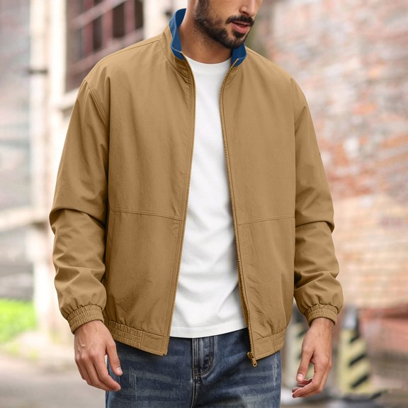 PiGOGI Men's Winter Coats Loose Casual Color Block Collar Jacket Long Sleeve Outdoor Sports Outerwear Khaki XL