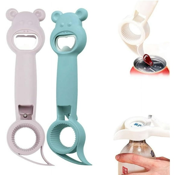 Abridor manual de frascos y botellas 4 en 1 con forma de oso (2 unidades) | Herramienta de cocina multifunción para personas mayores y con artritis | Abrelatas y extractor de tapas de acero