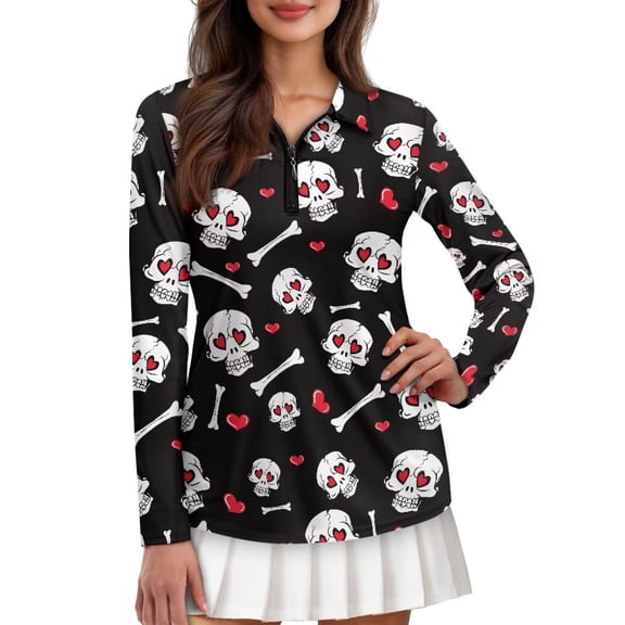 FUIALDOLG Love Heart Skull Funny Golf Shirts for Women Performance Moisture Wicking Quick Dry Athletic Long Sleeve Tops V-Neck Half Zip Golf Polo Shirts for Halloween Wear,2XL