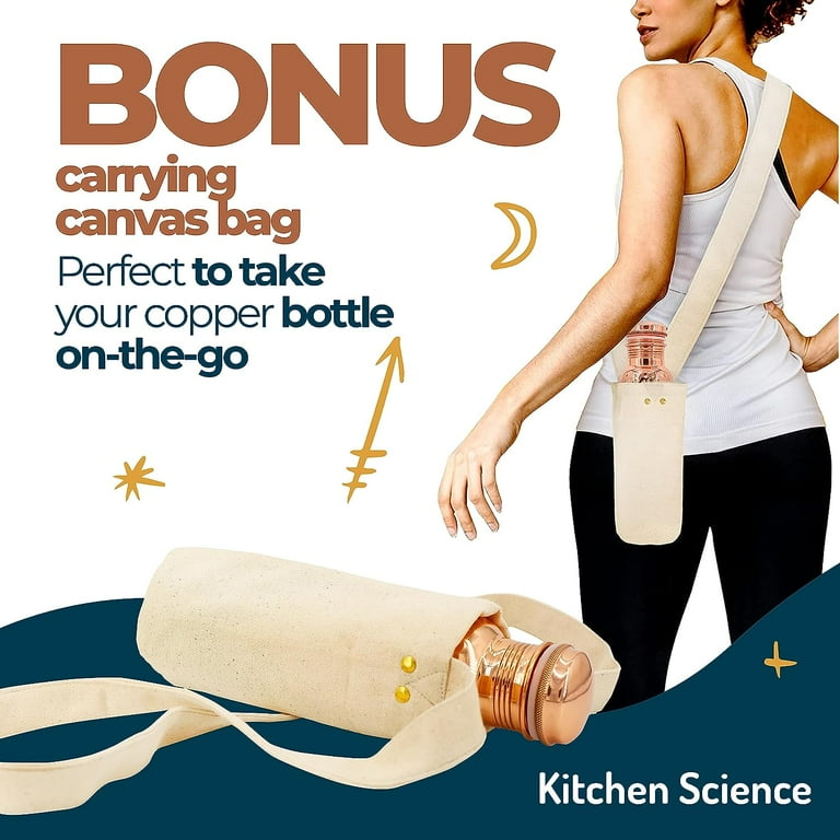 Kitchen Science Copper Water Bottle (32oz950ml) W A Carrying Canvas Bag 100% Pure Copper Bottle for Drinking Water Lab-Tested, Heavy Duty & Leak-Proof