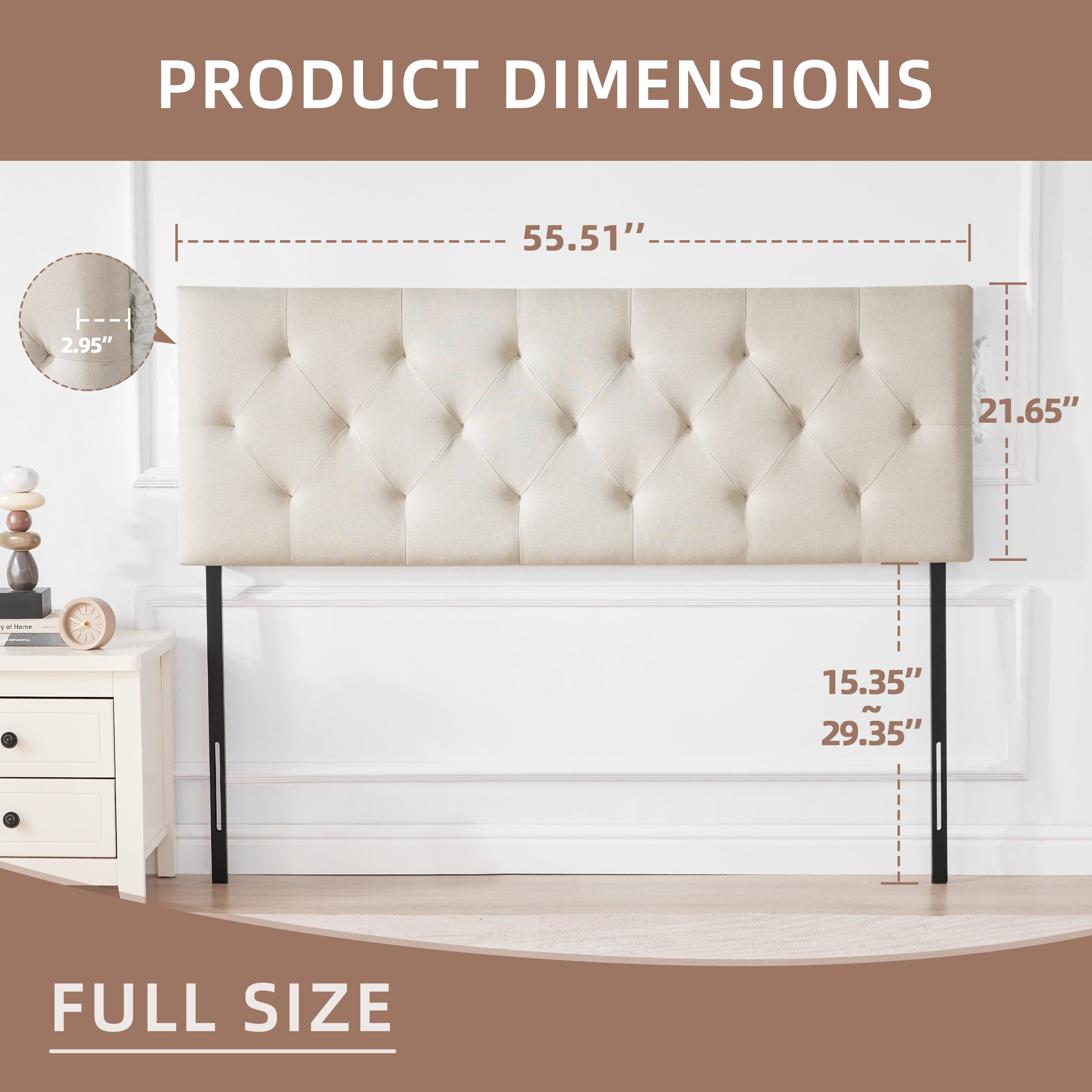 Weture Linen Upholstered Full Headboard, Modern Diamond Tufting, Adjustable Height, Beige