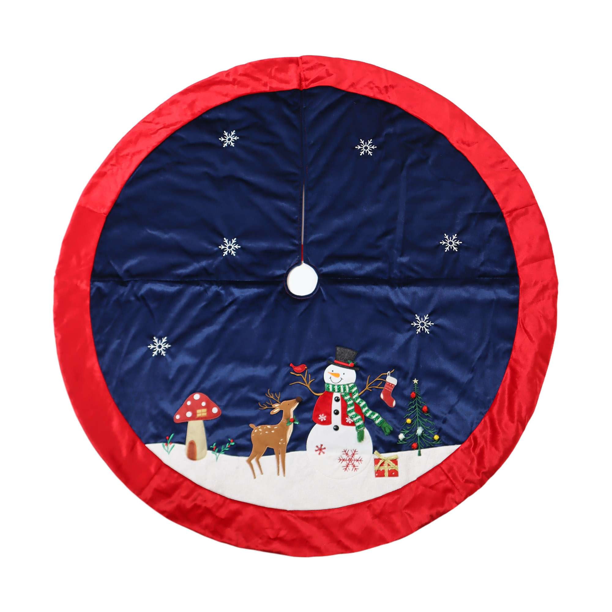 Temps de vacances, Velvet Snowman Tree Jupe, 48 pouces, couleur mulit Jupe d'arbre de Noël de bonhomme de neige, matériau de velours, couleur rouge de garniture, bonhomme de neige porte un chapeau noir et se tient dans le sol de neige entouré de flocons de neige, bas et bird.a renne à côté du bonhomme de neige, il y a fleur et champignons sur le sol de neige.