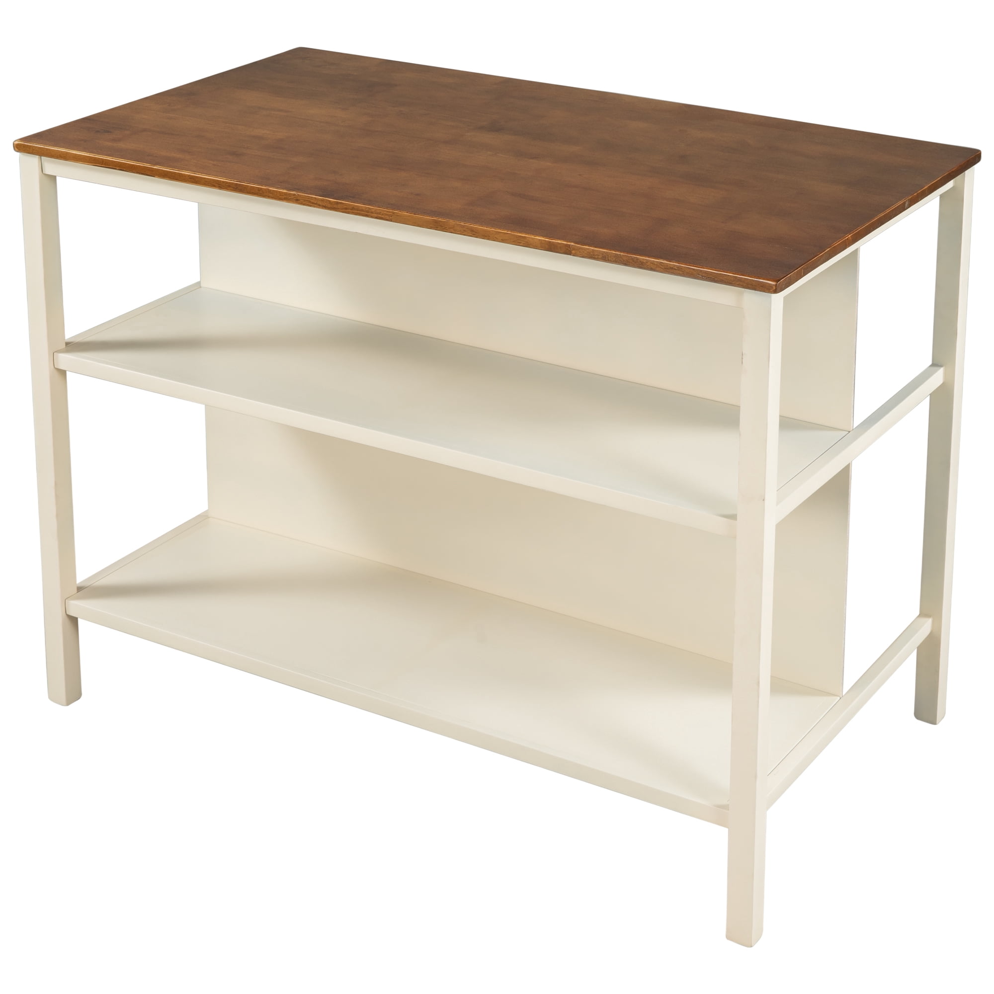 Kitchen Island with Storage, 45 Inch Solid Wood Kitchen Island Cart, Rustic Butcher Block Prep Table with 2 Open Shelves, Mobile Workstation for Small Kitchen, Walnut and Cream White