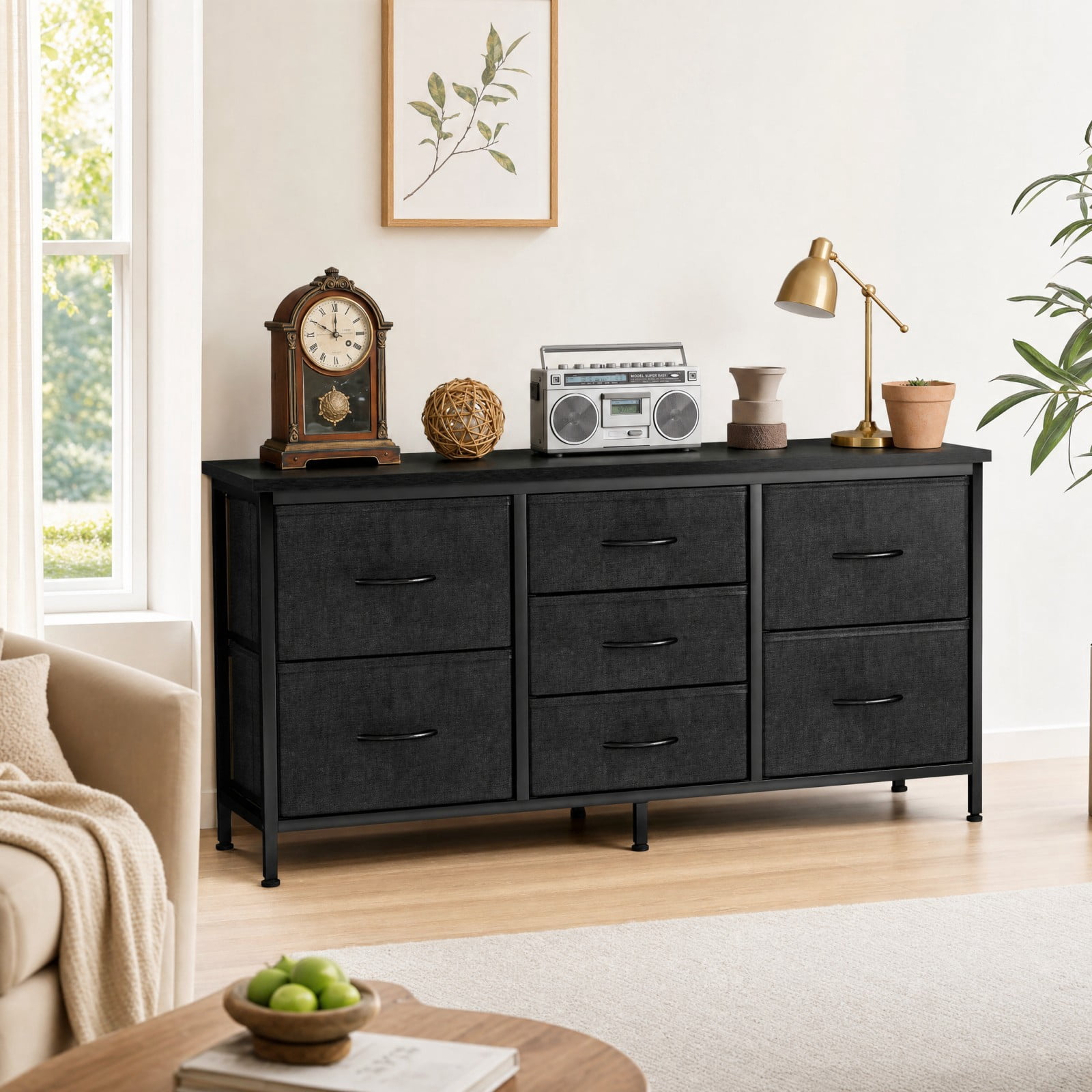 Telyra 7-Drawer Dresser with Wood Shelf, Sturdy Metal Frame, Versatile Media Console Dresser for Bedroom, Black
