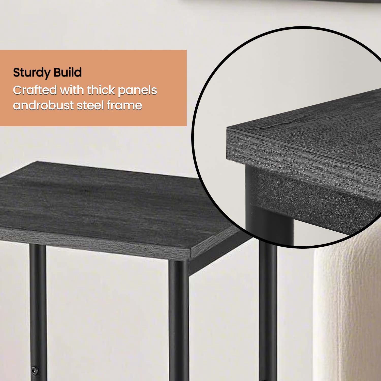 LEDREM Industrial 2-Pack Accent End Tables, Sturdy Steel Frame & Particleboard, Easy assembly, Adjustable Feet Slim Side Table, Gray and Black