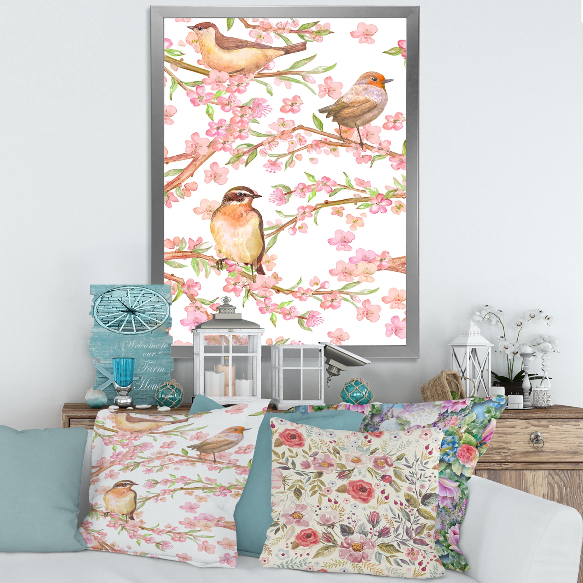Designart 'Lovely Birds On Branches Of Flowering Almond' Traditional Framed Art Print