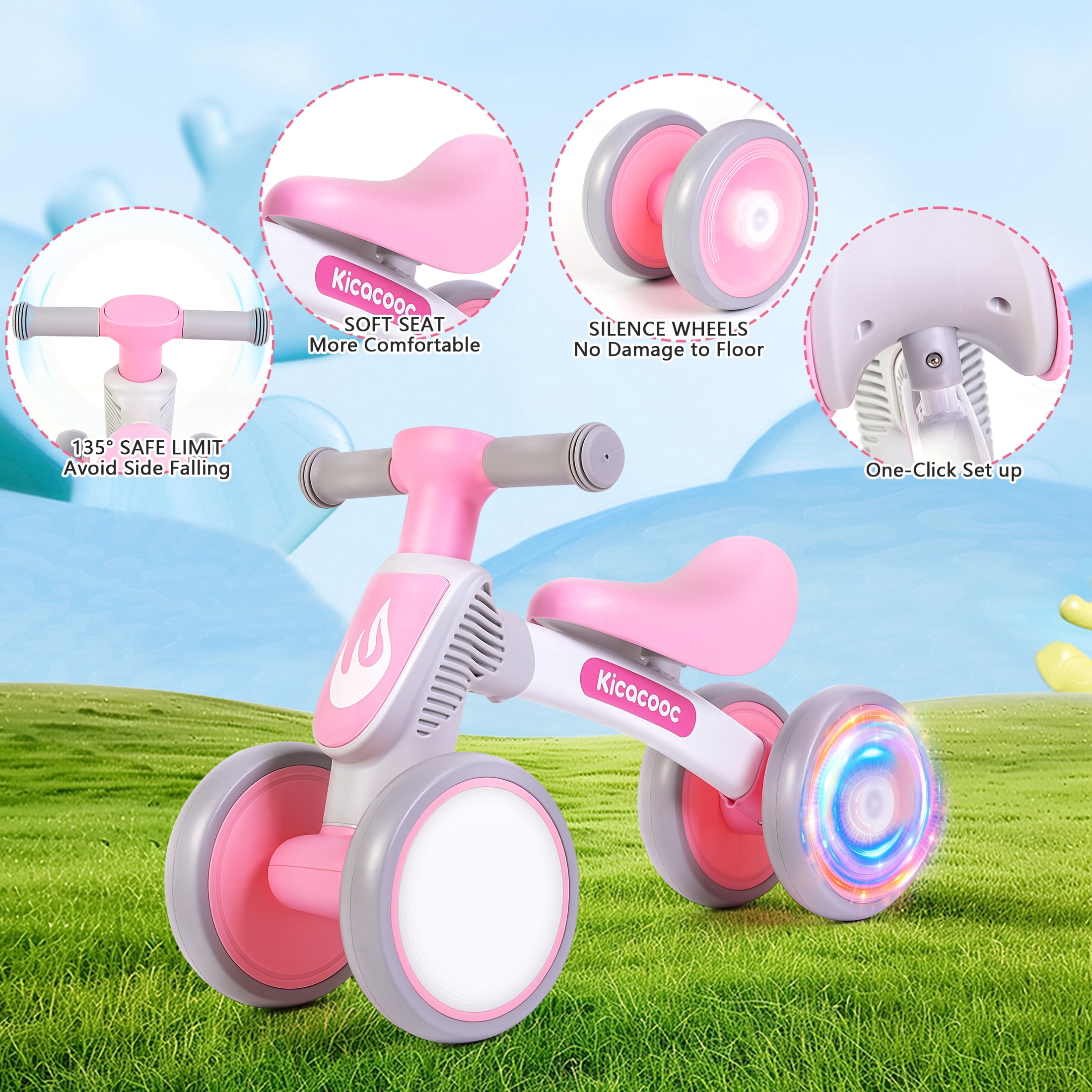 Kicacooc Toddler Balance Bike for 1 Year Old Boys Girls, Baby Balance Bike with No Pedal 4 Silence Wheels & Soft Seat First Bike, 12-24 Month Toddler Balance Bike, Pink
