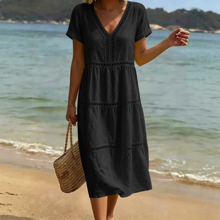black linen tiered dress boohoo Women's Linen Look Volume Sleeve Tiered Midaxi Dress in Black | Size: 12