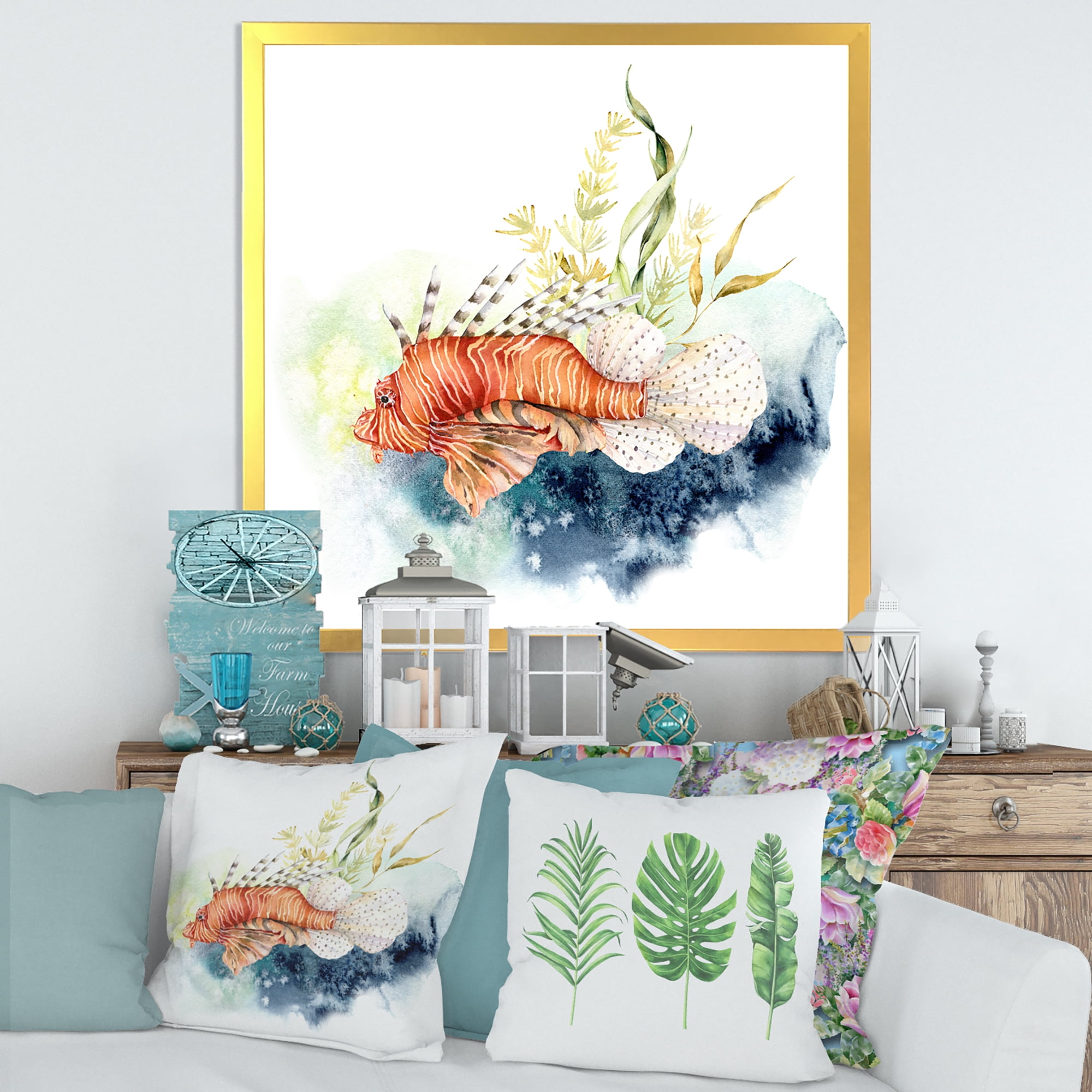 Designart 'Kelp and Lionfish With Coral Reef and Laminaria' Nautical & Coastal Framed Art Print