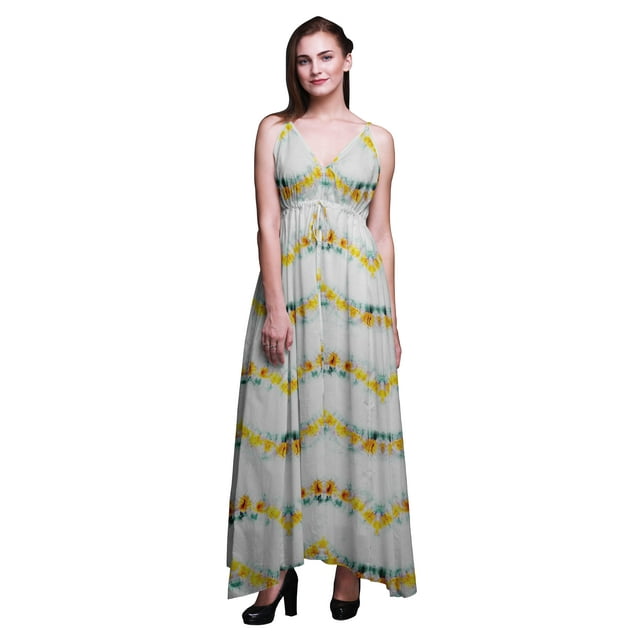 Bimba Robe de Plage Bohème Longue Sans Manches à Bretelles Imprimée Teinture sur Nœuds pour Femme - X-Grand