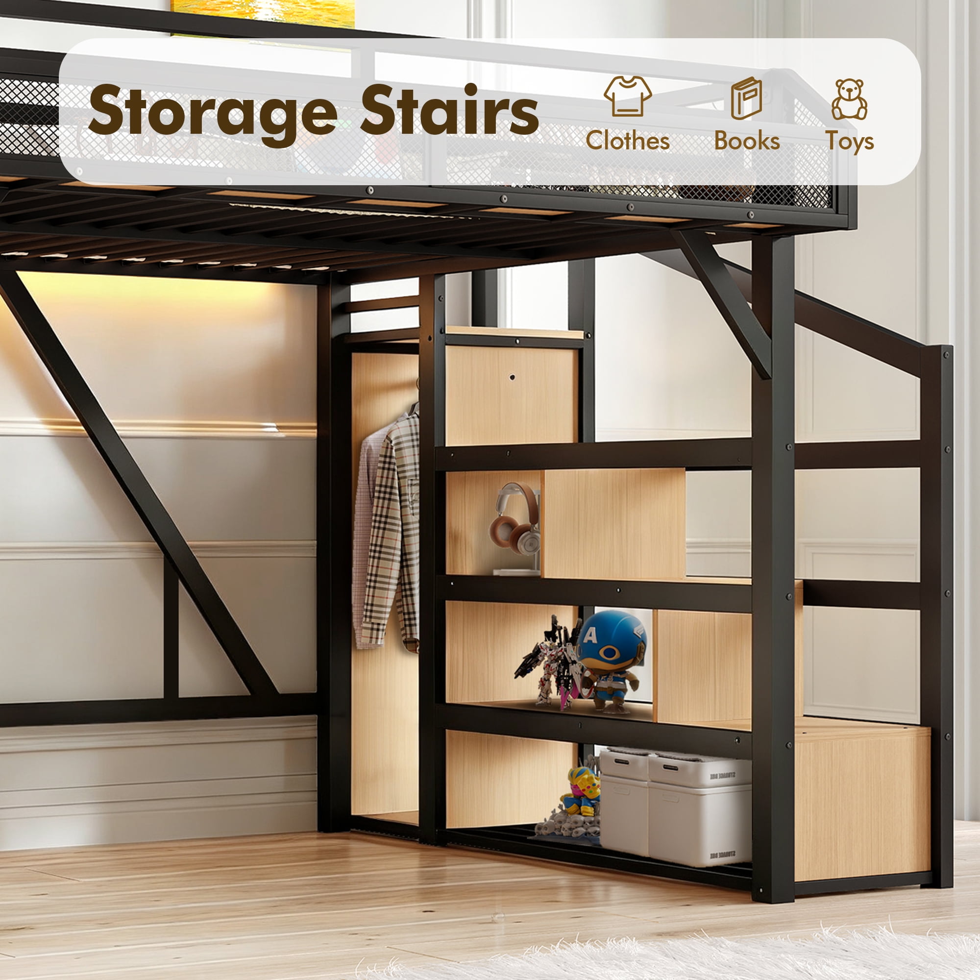 Aukfa Full Metal Loft Bed with Storage Stairs, Shelves, Wardrobe, USB Ports & LED Lights, Heavy-Duty Bed Frame for Teens, Kids & Adults, Black