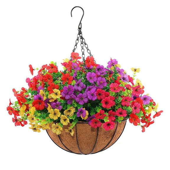 Hyindoor Artificial Faux Flowers Hanging Plants Basket Outdoor with 12Pcs Flowers, for Spring Summer Front Porch Balcony Yard Garden Patio Home Decor (12"D X 18.8"H)