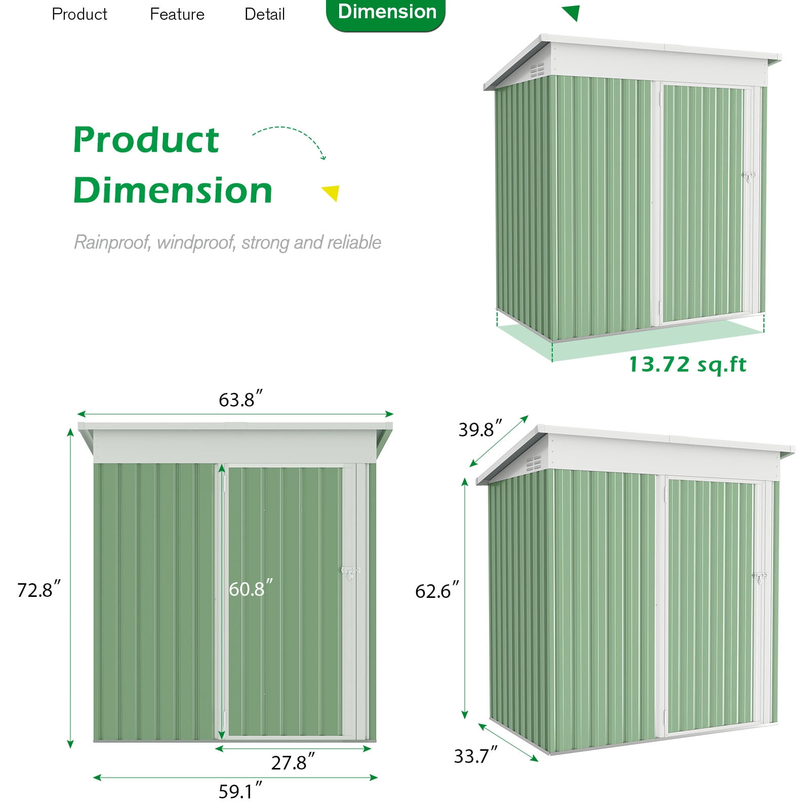 AECOJOY 5' x 3' Outdoor Metal Storage Shed with Lockable Door for Backyard in Green