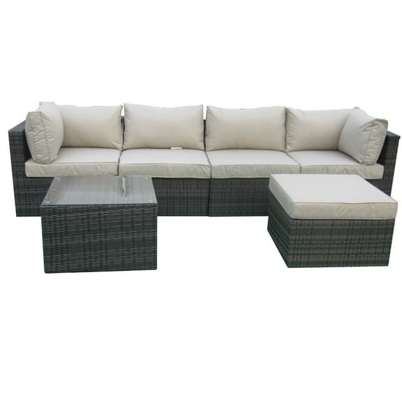 6 Pieces Patio Sofa Set, Aluminum Frame Full Assembled Outdoor Sectional Rattan Sofa Set, All Weather Mix Brown Wicker Conversation Set with Beige Cushions and Throw Pillows