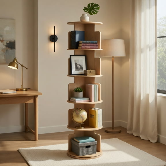 GVN 5-Tier Rotating Bookcase Storage Shelves with Dividers and Anti-falling Baffles, 360°Bookshelf Stand for Living Room, Bedroom, Office Room, Study Room, Natural