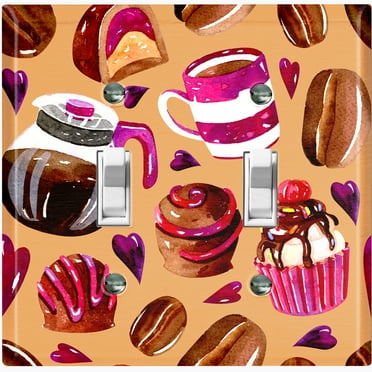 Metal Light Switch Wall Plate Outlet Cover (Coffee Mocha Candy Bean Toffee Swirl Cupcake Coffee Maker Orange Pink Hearts - Double Toggle)