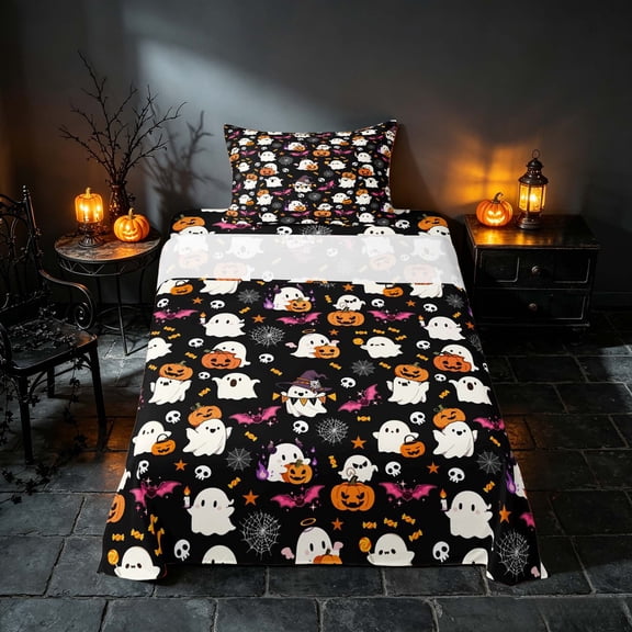 Homewish Halloween Cute Ghost Pumpkin Twin Sheets, Bat Skull Candy Bedding, Black Orange White, 3-Piece (1 Flat Sheet, 1 Fitted Sheet and 1 Pillowcase)