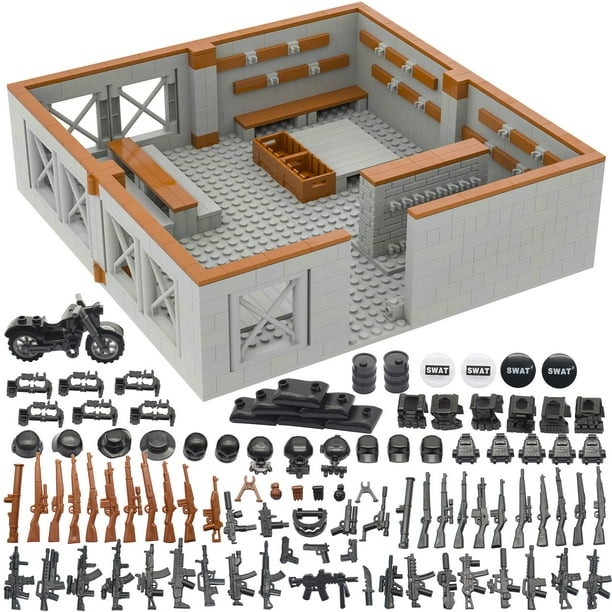 Conjunto de ladrillos para construir una base militar con torre de vigilancia y armas