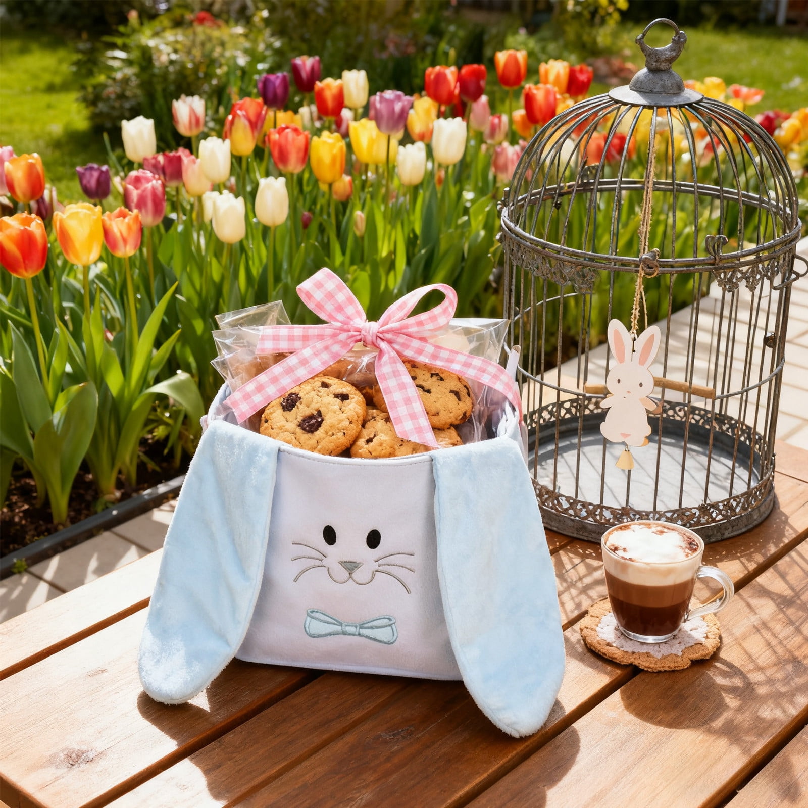 ToyKingdee Easter Basket Easter Bunny Basket, Cute Fluffy Bag with Foldable Ears, Plush Rabbit Tote Bags for Easter Egg Hunts Decorations Candy Gifts Storage
