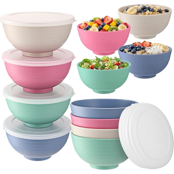 12 Pack Unbreakable Cereal Bowls with Lid 12 oz for Kitchen Reusable Plastic Microwave Dishwasher Safe Soup and Salad Bowls for Ice Cream, Snack and Fruits