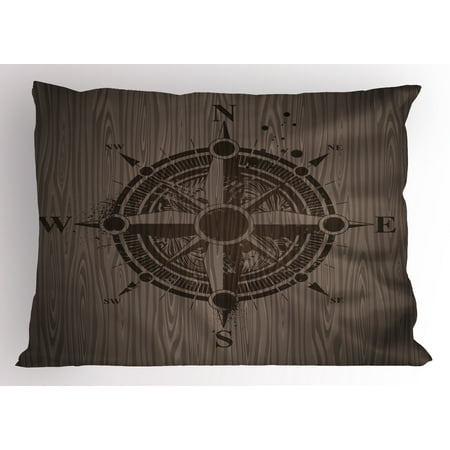 Compass Pillow Sham Drawing of a Sailing Compass on a Wooden Surface in Computer Generated Art, Decorative Standard Size Printed Pillowcase, 26 X 20 Inches, Umber Dark Brown, by Ambesonne