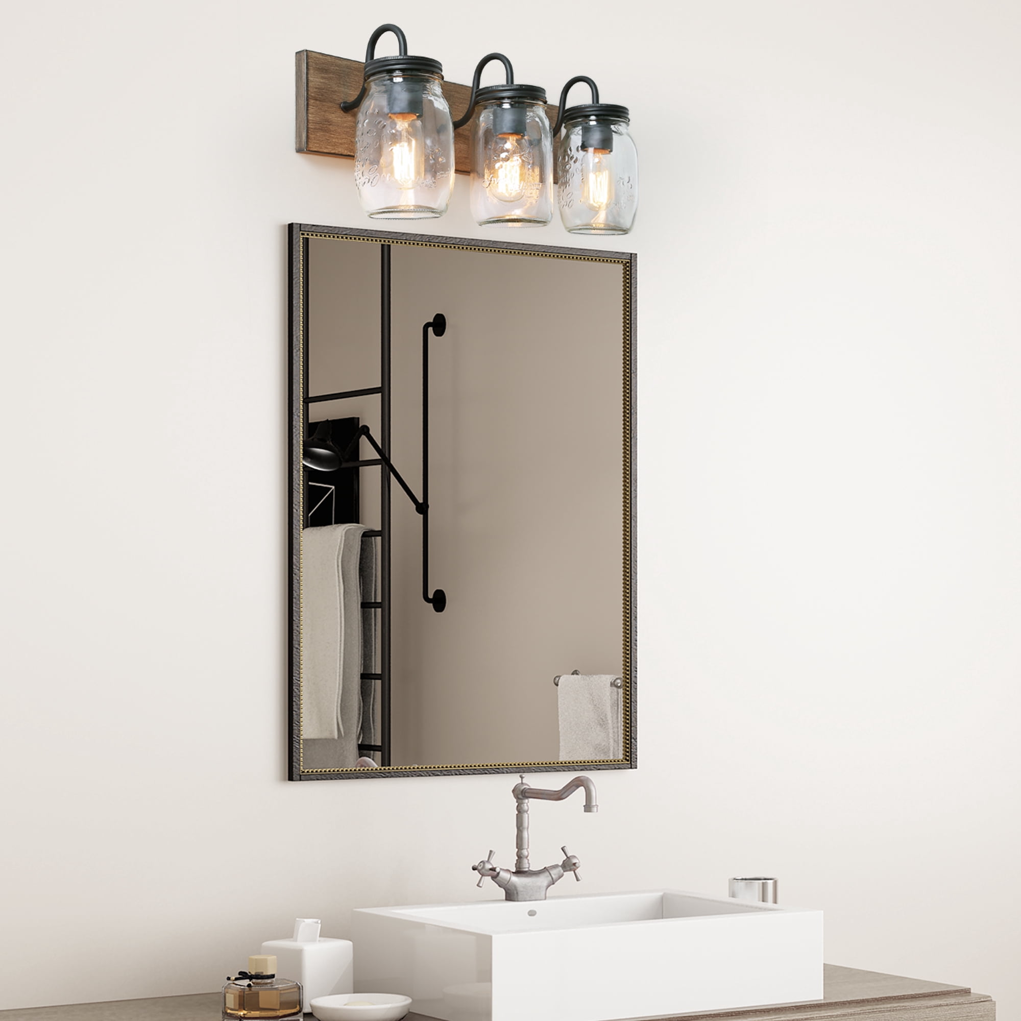 LNC 3-Light Farmhouse Brown Wood and Black with Maison Jar Shade Vanity Light for Bathroom
