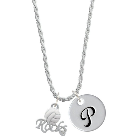 Delight Jewelry Silvertone Enamel Volleyball ''Rocks'' Silvertone Script Initial Disc - P - Charm Necklace, 20"+3"