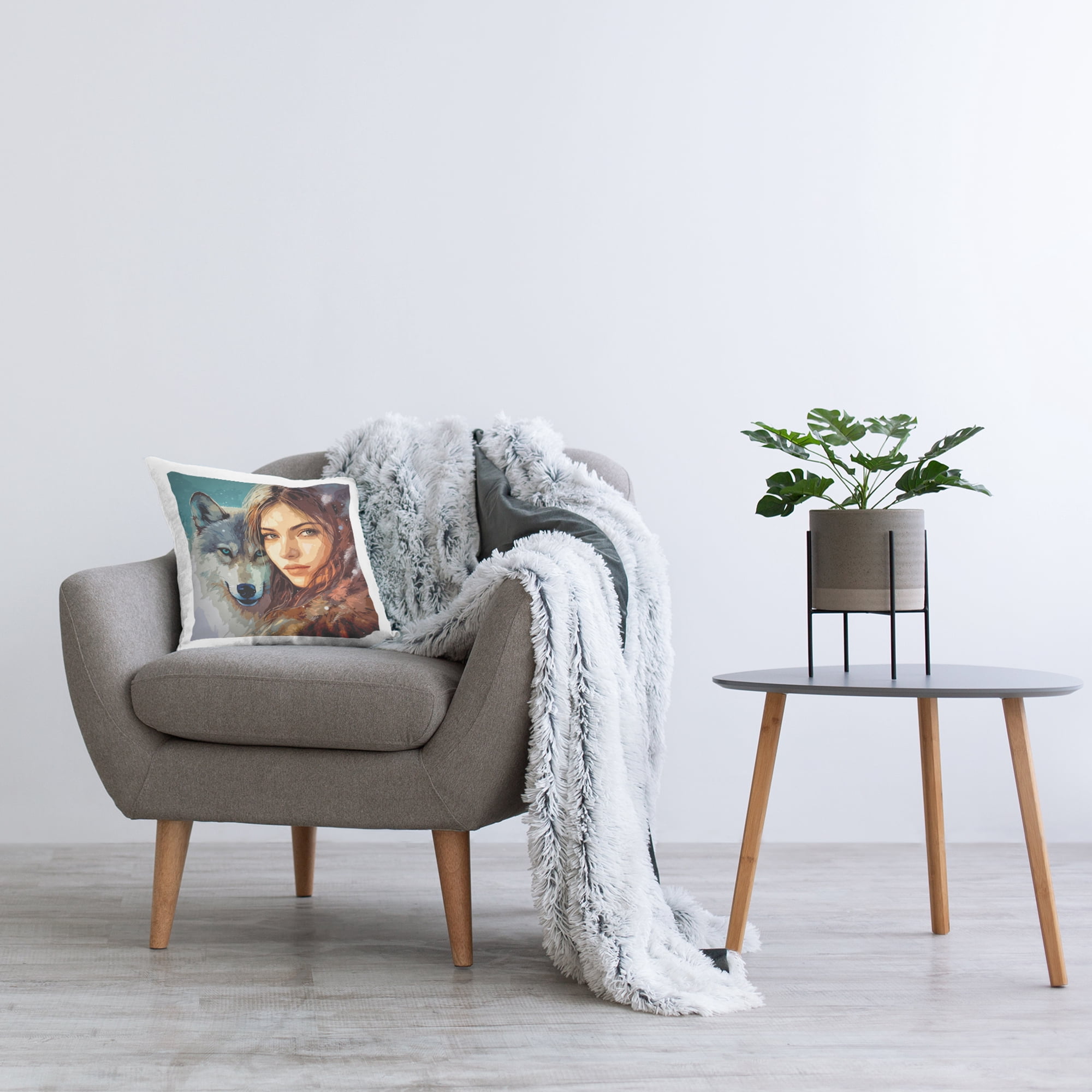 Stupell Industries Female & Wolf Portrait Decorative Printed Throw Pillow, 18 x 18