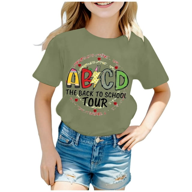 AWZXDE Hauts pour Filles Enfants Rentrée des Classes Graphique Manches Courtes Col Rond T-Shirt Lumineux Confortable pour Garçons et Filles