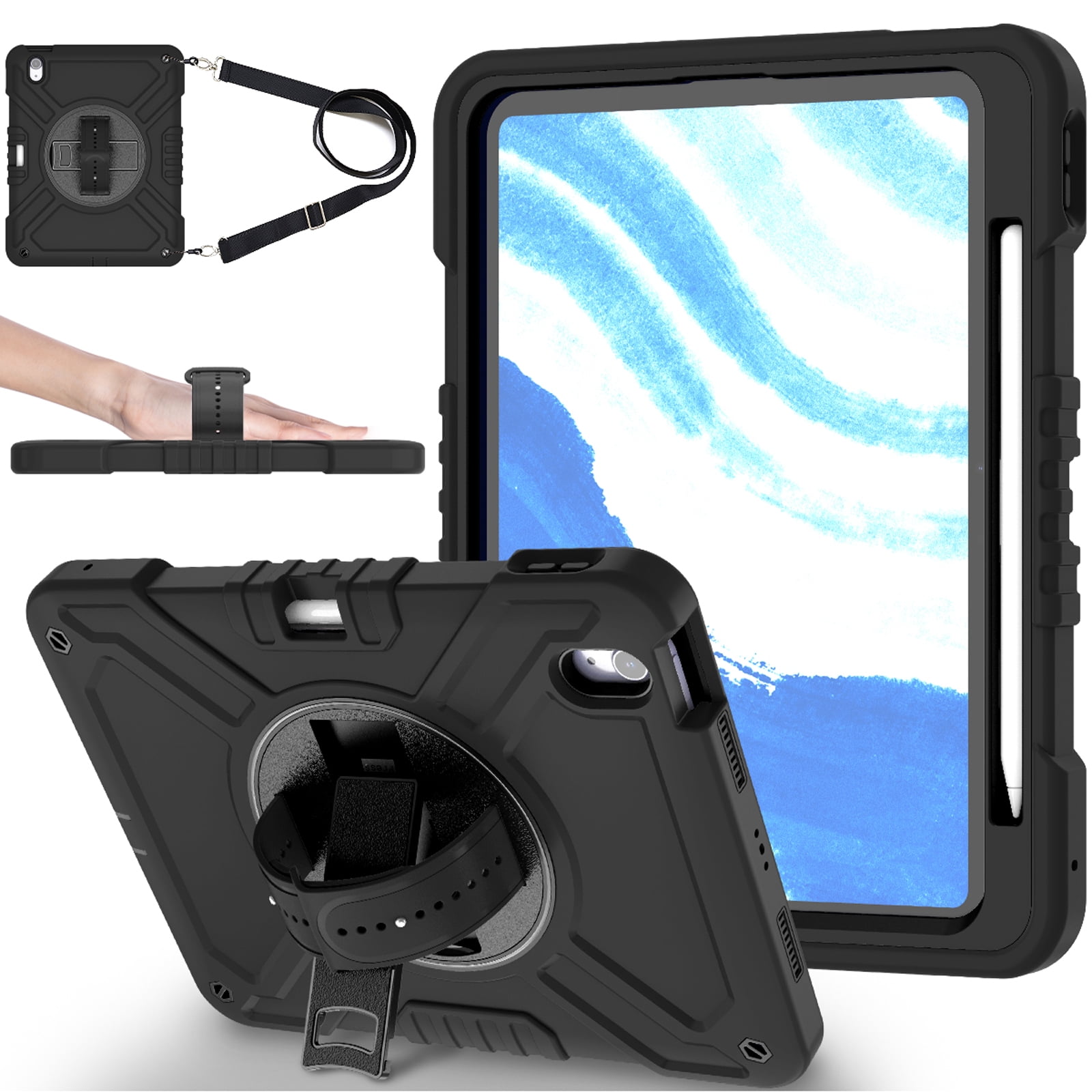 Military Grade Case for Apple iPad Air 11 inch 2024,Shoulder Strap Shockproof iPad Case with Pencil Holder 360 Rotating Hand Strap+Kicstand Rugged Siicone and Hard PC Case,Black