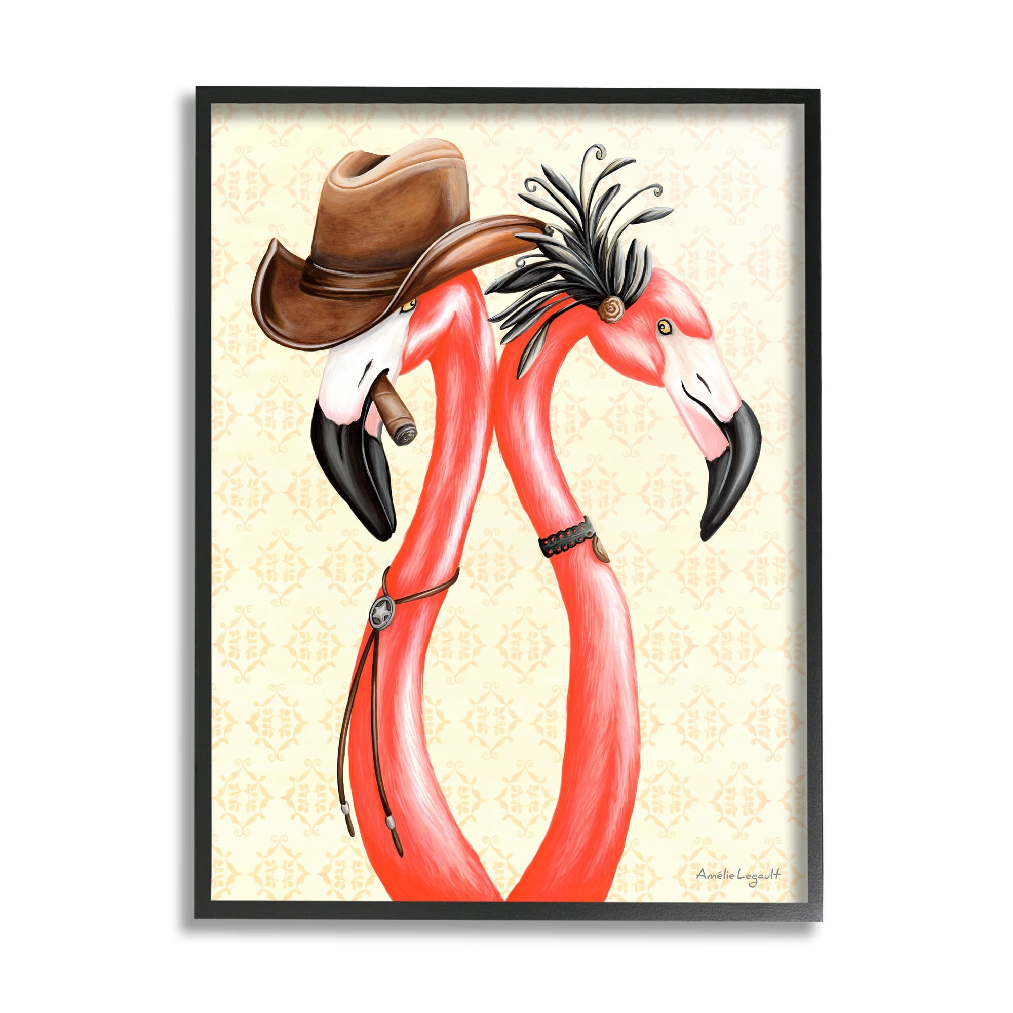 Stupell Industries Vintage Flamingos Cowboy Hat Antique Fashion Outfit Graphic Art Black Framed Art Print Wall Art, Design by Amelie Legault