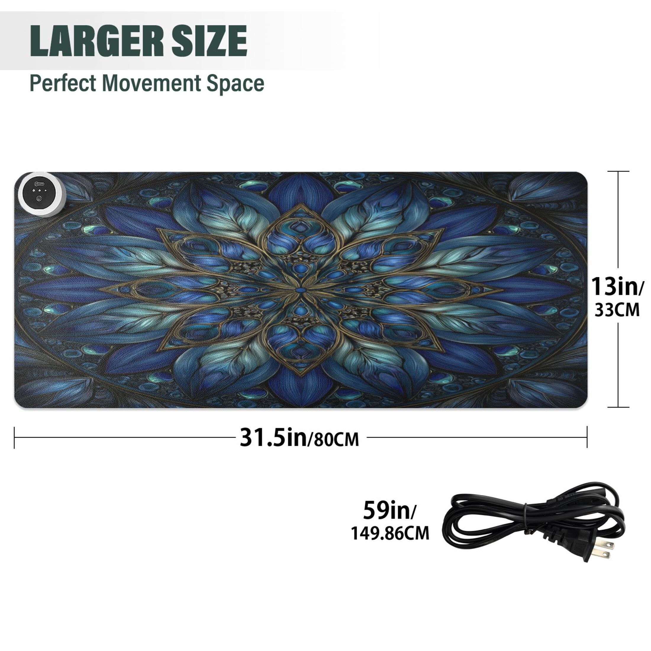 Large Heated Desk Mat Mouse Pad 31.5"x13"PU Leather Graphene Heating Desk Warmer with 3 Temperature Settings 110V US Plug Non-Slip Warm Pad for Home, Office, and Gaming Blue Glass Flower Petals