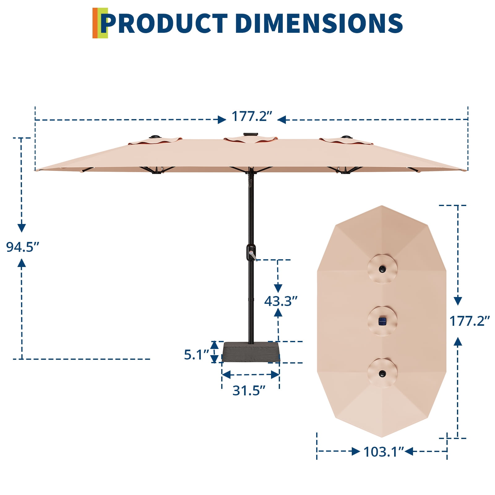 15ft Patio Umbrella with Solar Lights, Outdoor Large Umbrellas with Crank Handle and 36 LED Lights, Rectangular Market Umbrella with Base Included for Deck Pool Shade
