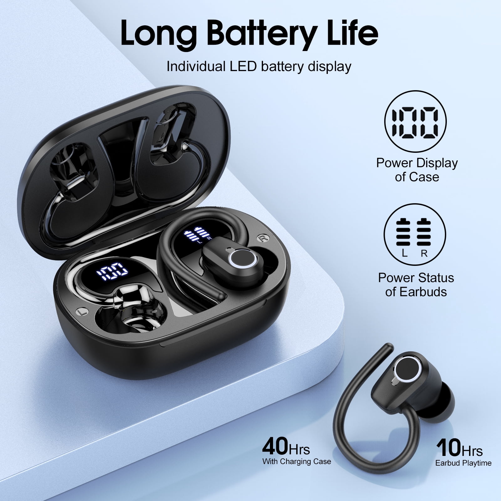 Wireless Earbuds, Bluetooth 5.4 Headphones Sport with 4 ENC Noise Cancelling Mic, 3D Stereo in Ear buds, 50H Wireless Earphones with Earhooks USB-C, IP7 Waterproof Bluetooth Earbuds for Running Gym