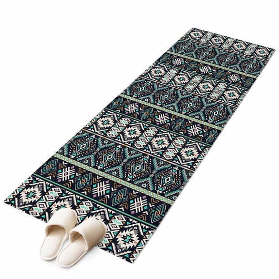 Black Teal Purple Southwestern Runner Rug 2x6 FT, Non Slip Hallway Carpet, Modern Geometric Abstract Art Washable Floor Carpet Throw Runner Carpet Long Rug for Entryway Kitchen Bedside Sliding Door