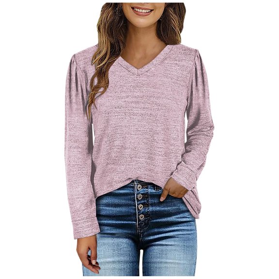 Womens V Neck Tunic Tops Long Sleeve Solid Casual Henley Fall Shirts Loose Fit Trendy Simple Basic Tshirts Blouses