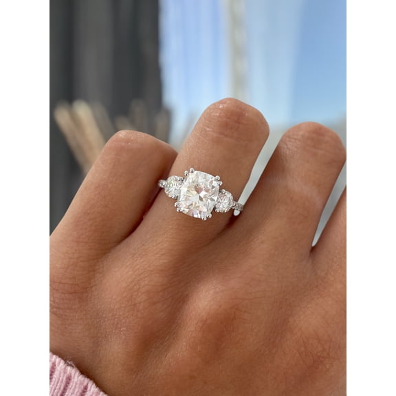 3.00Ct Elongated Cushion Cut Moissanite Trilogy Engagement Ring, Catherdral & Pavé, 10K Yellow Gold