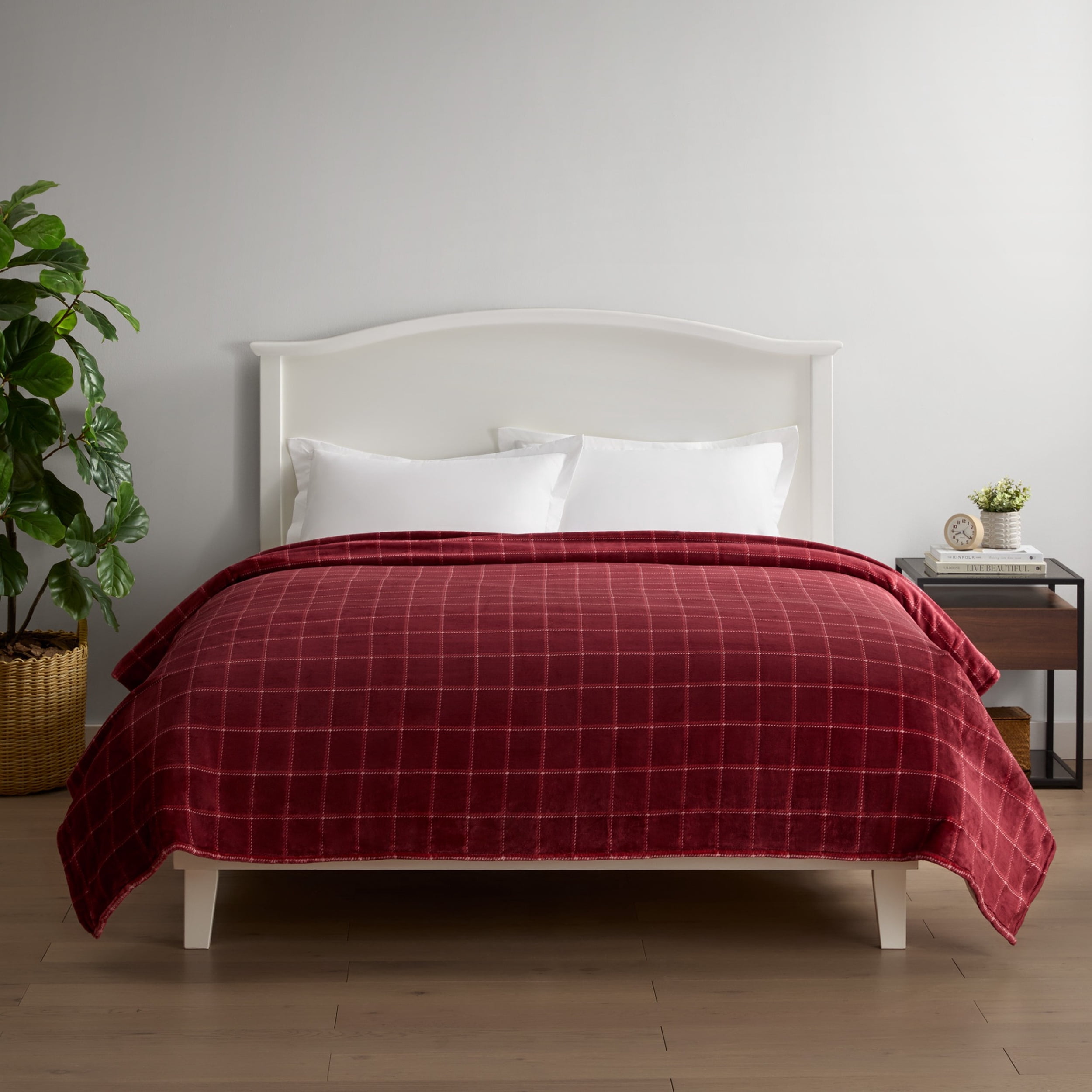 Mainstays Velvet Plush Bed Blanket, Red Check, Full/Queen Size