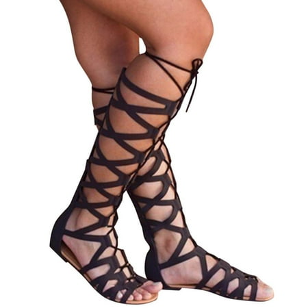 

YanHoo Lace up Flat Sandals for Women Girls Dresssy 2023 Knee High Gladiator Sandals Strappy Criss Cross Sandals Open Toe Roman Fisherman Sandal Shoes