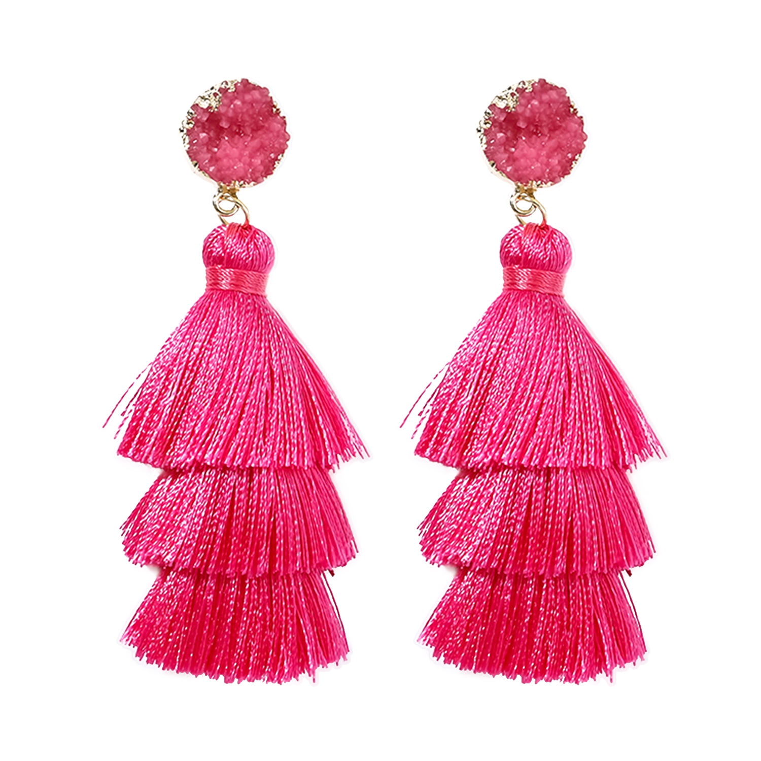 Pink Tassel Earrings for Women | Colorful Layered Tassle 3 Tier Bohemian Earrings | Dangle Drop Earrings for Women Gifts