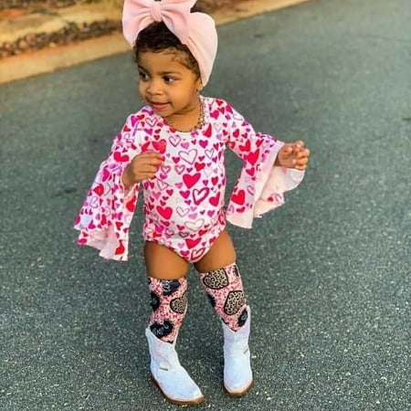 

Infant Baby Girl Valentines Day Jumpsuit Flare Long Sleeve Round Neck Romper + Headband Newborn Onesie Outfits