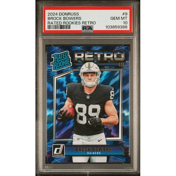 Graded 2024 Panini Donruss Brock Bowers #9 Rated Rookies Retro Rookie RC Football Card PSA 10 Gem Mint
