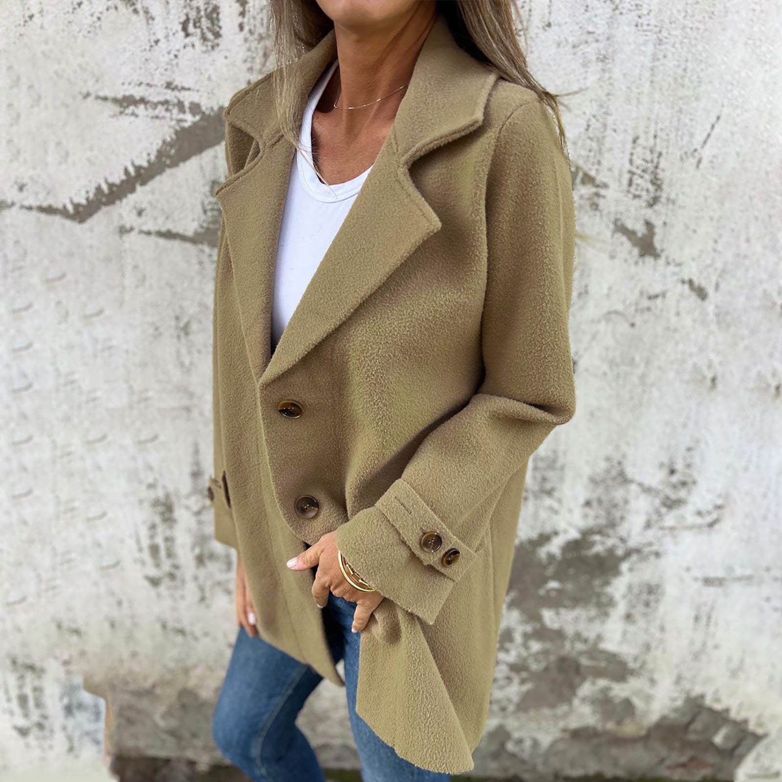 JGGSPWM Women's Wool Blend Coat Fall Lapel Single Breasted Mid Length Trench Jacket Open Front Solid Long Sleeve Peacoat Blazer Overcoat Khaki S