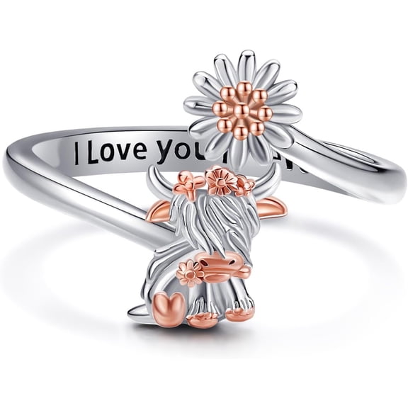 Highland Cow Ring Sterling Silver Daisy Adjustable Ring Animal Jewelry for Women Mom