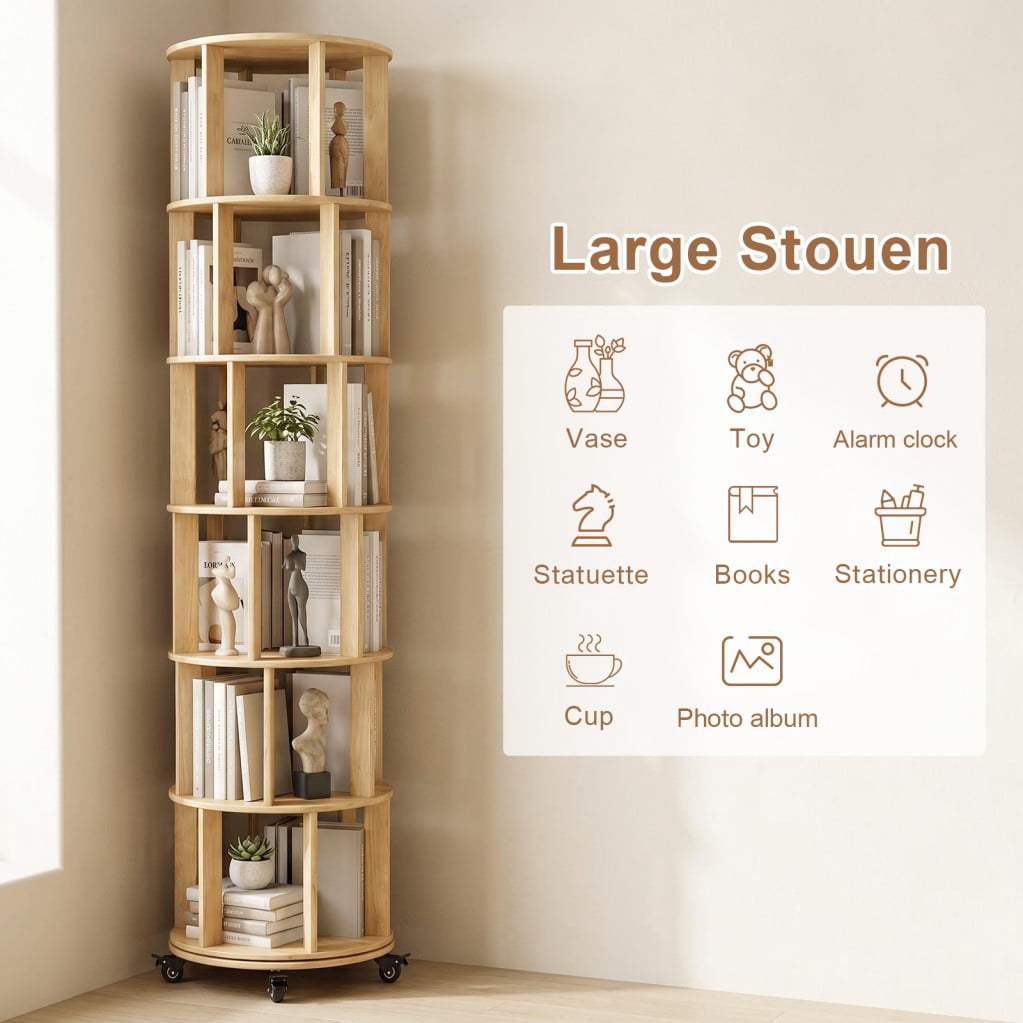 6-Tier Rotating Bookshelf, Solid Wood Spinning Bookcase Tower with Locking Wheels, 360° Display Round Bookshelf for Small Spaces, Natuarl