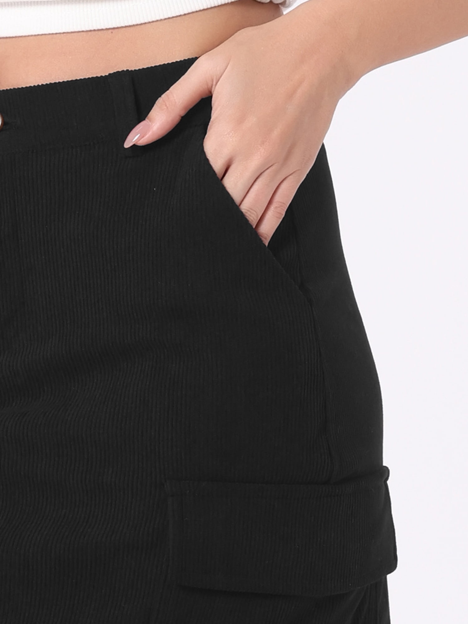 DARING DIVA Corduroy Cargo Skirts for Women's Elastic Back Midi Skirt XS Black