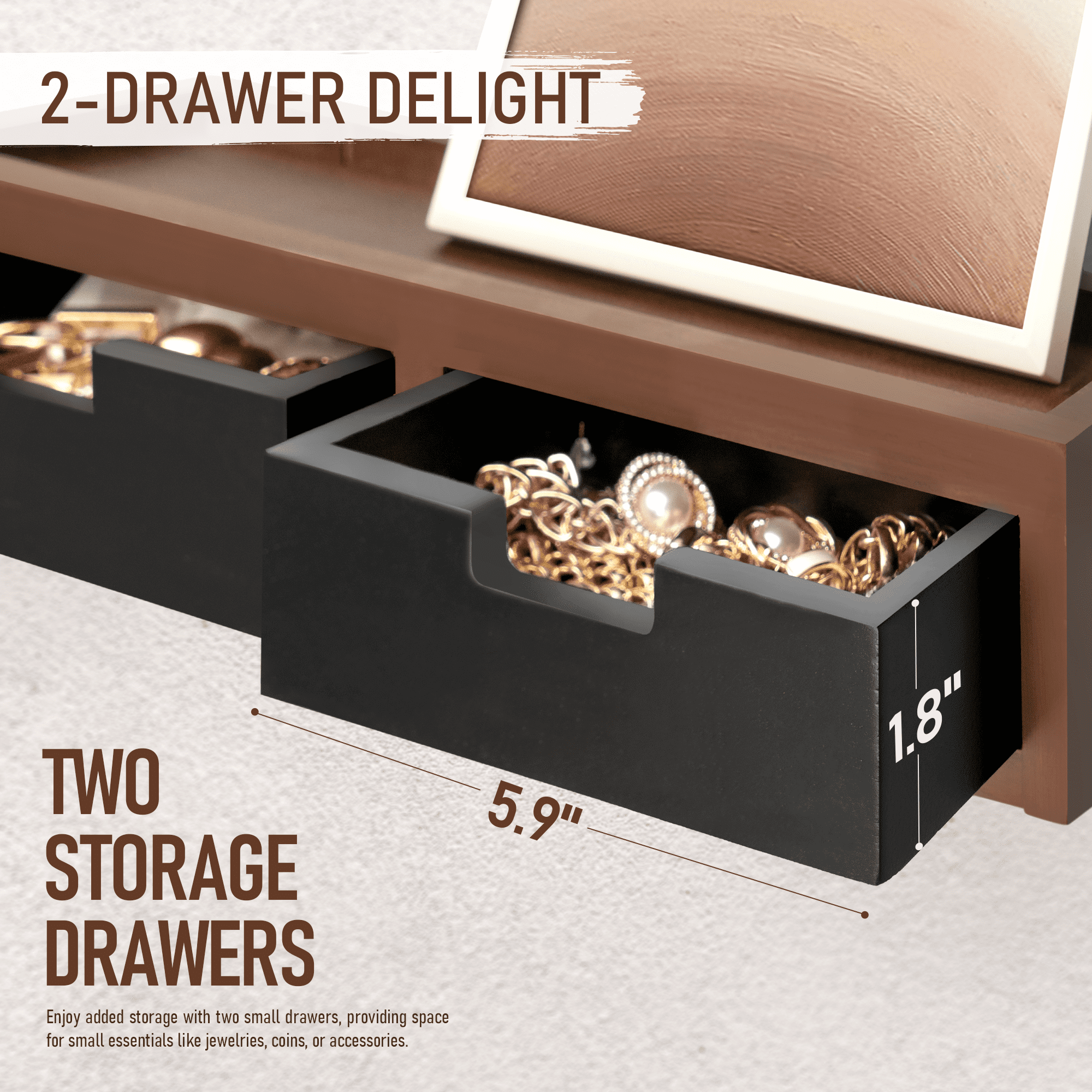 Rebee Vision Key Holder Wall Mount with 2 Drawer Organizer - Farmhouse Mail Organizer with 6 Key Hooks & Shelf (Brown & Black, 14inch)