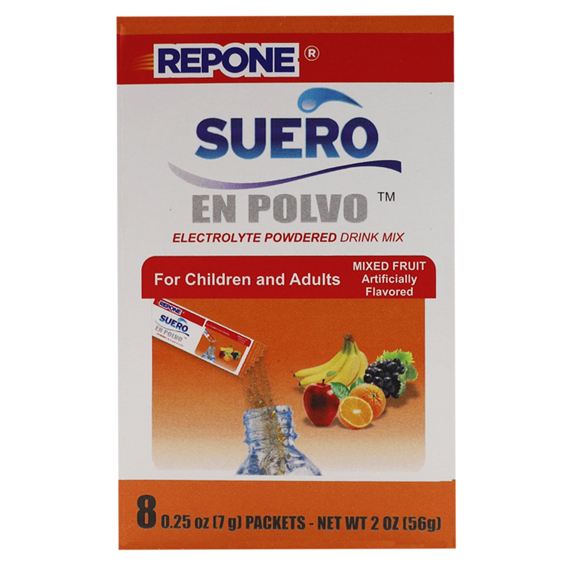 Repone Suero Electrolyte Powder Solution Fruit Flavor, 1 Box with 8
